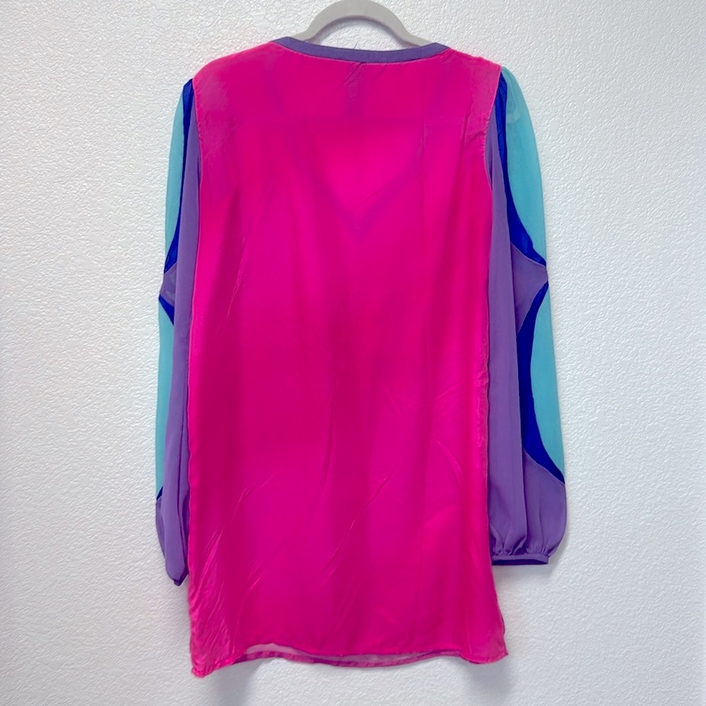 Custo Barcelona Pink Bishop Sleeve V-Neck Dress Silk Beaded Shift Dress - Picture 2 of 10